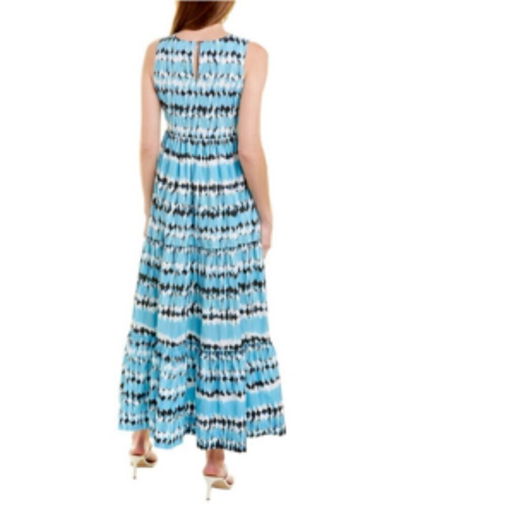 Tyler Boe 100% Cotton Poplin Tiered Maxi Dress Aqua Blue Ikat Abstract Small - Picture 2 of 10
